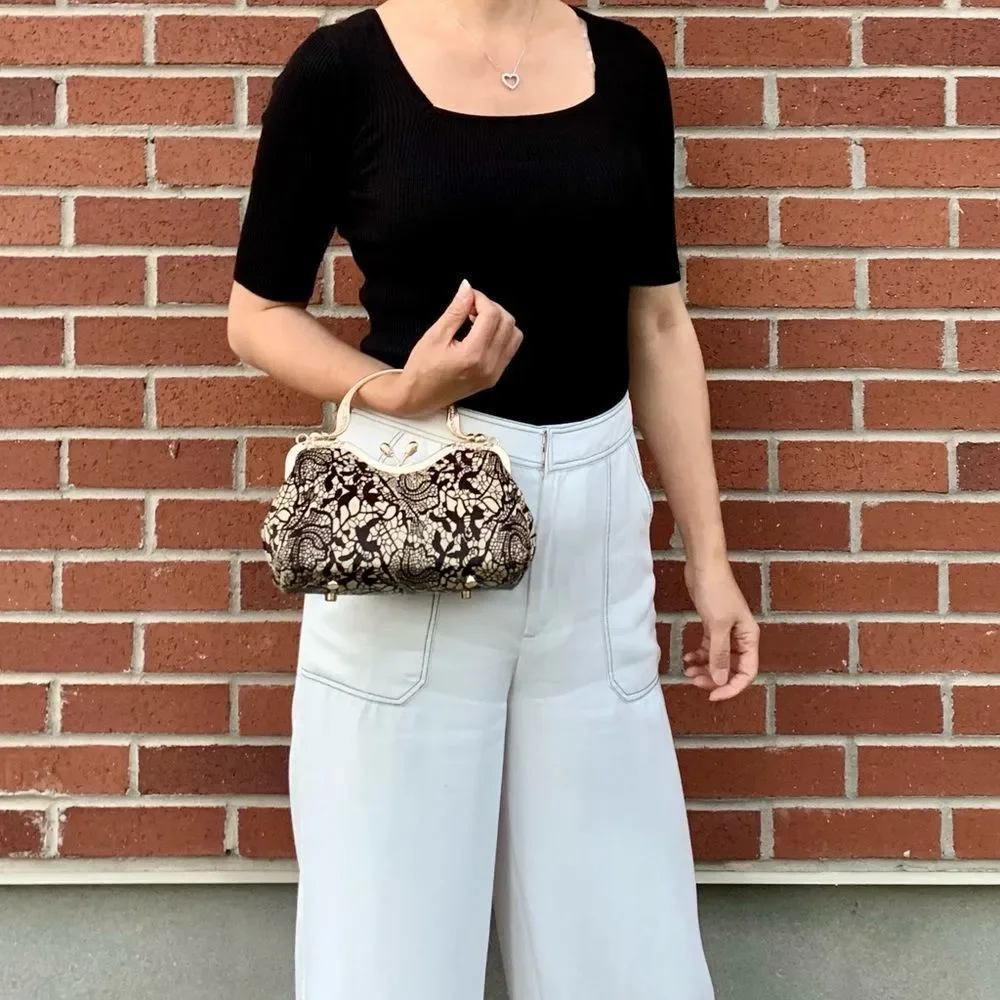 Handmade Real hair-on-horsehide Black Lace Print Kisslock Clutch/Crossbody - Picture 4 of 16